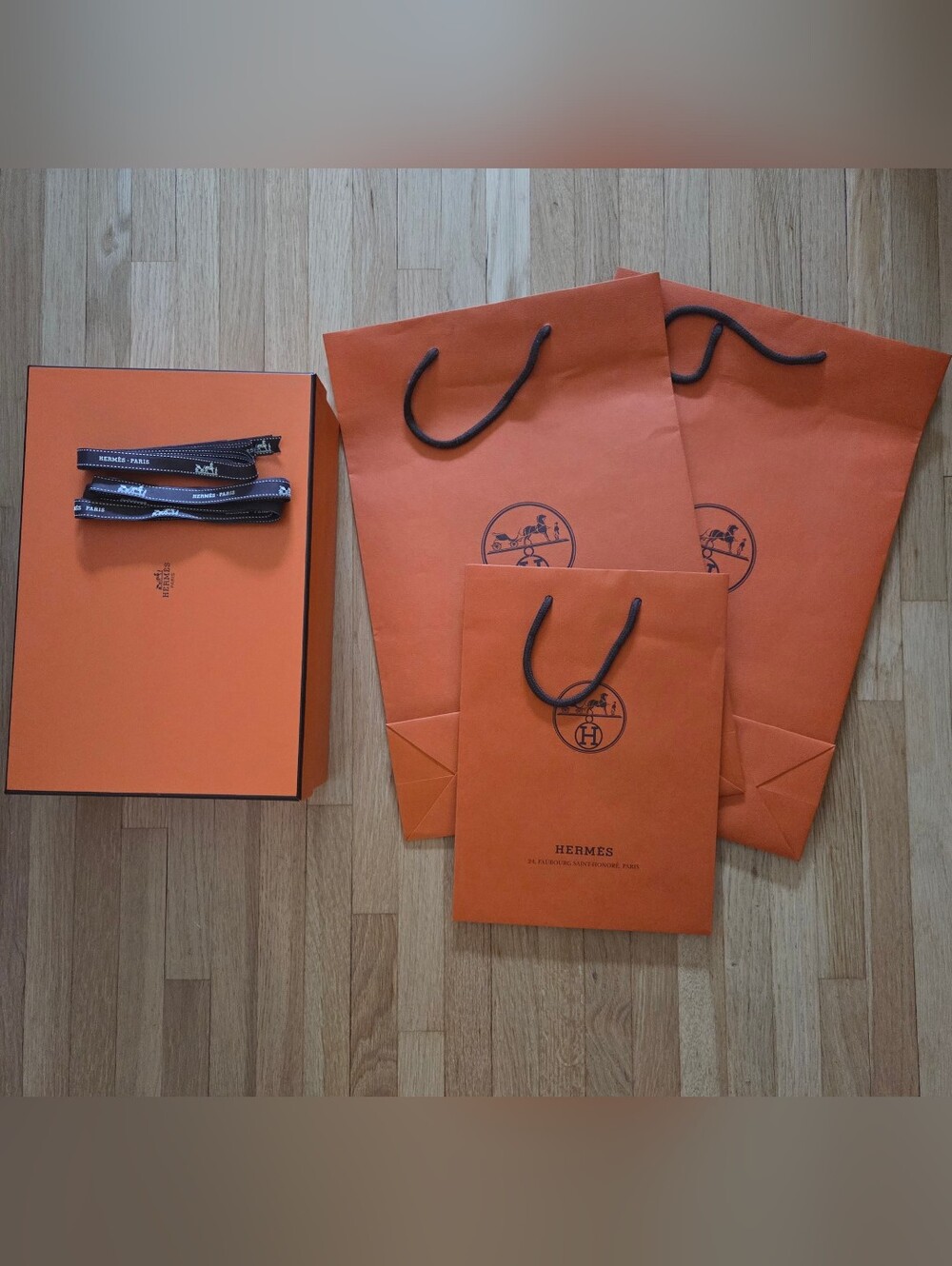 Hermes shoe box, ribbons & shopping bags (sold as set)